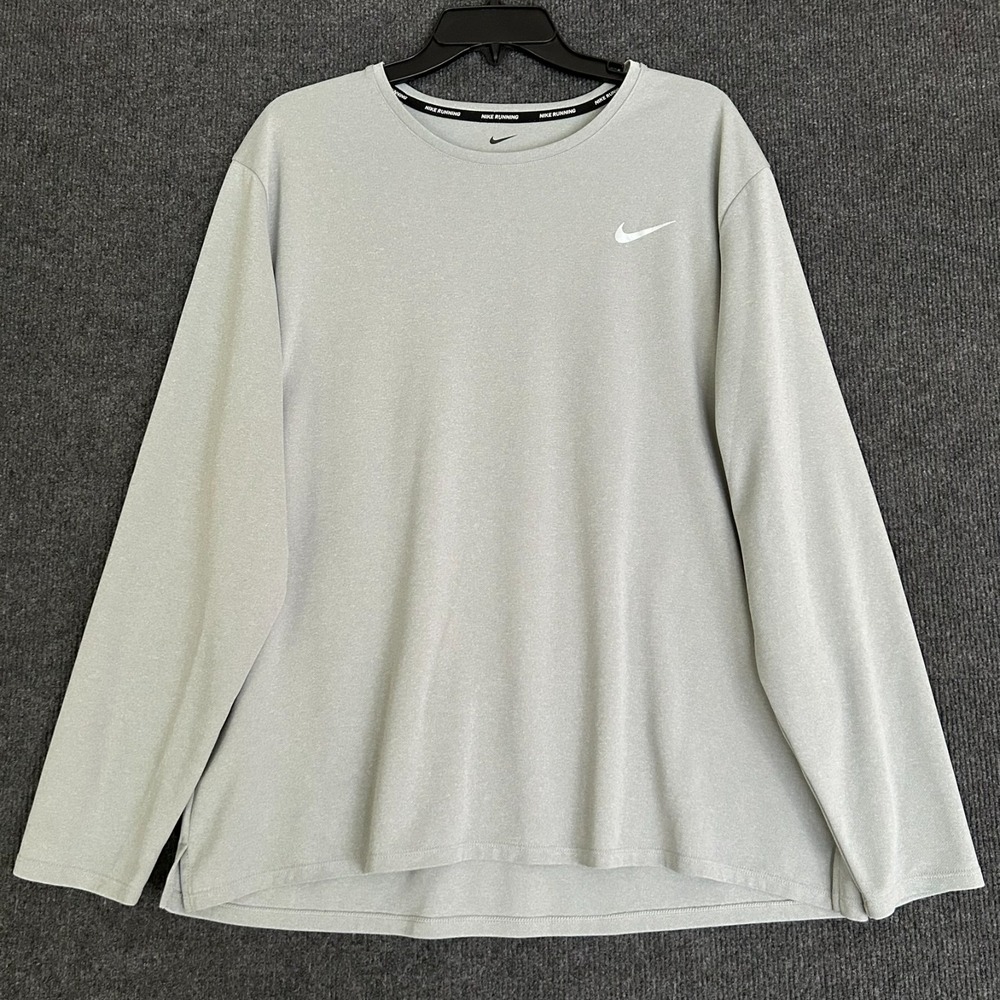 Nike Running Dri-Fit Men's XL Pullover LS Performance Shirt Gray Swoosh Logo